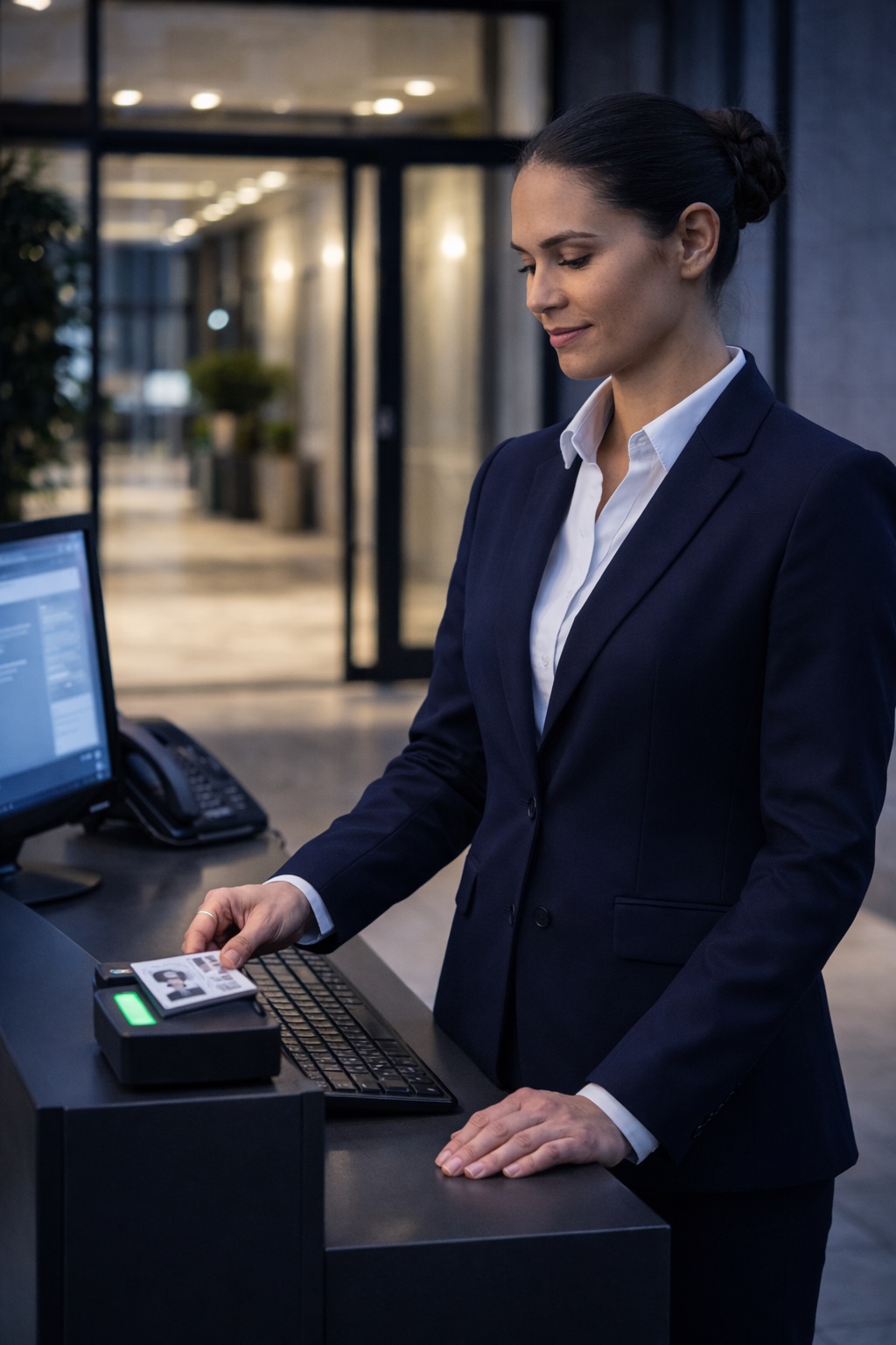 A DMS Securite hostess in a suit at the reception desk with a badge reader