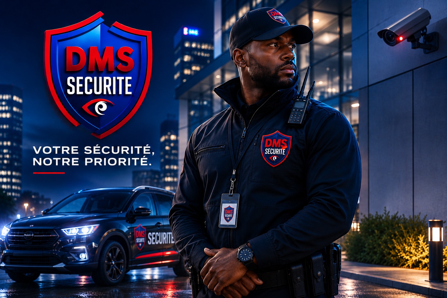 DMS Securite poster — Your security, our priority: officer in front of a response vehicle