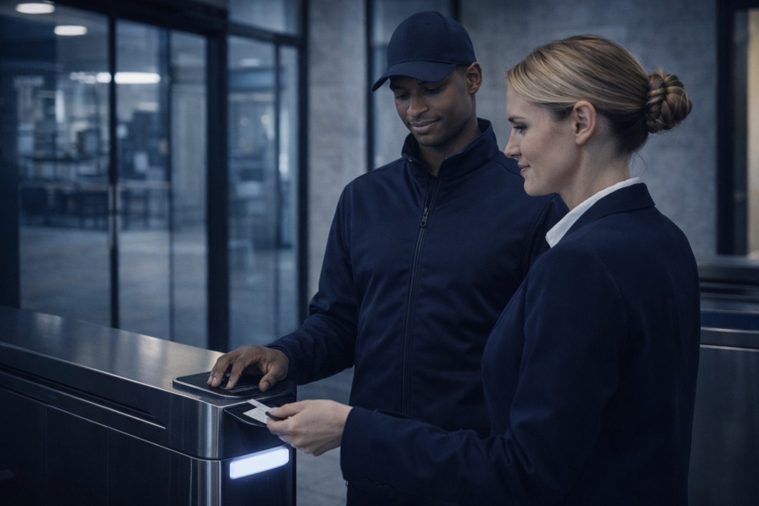 A DMS Securite officer checking a visitor's badge at a company turnstile