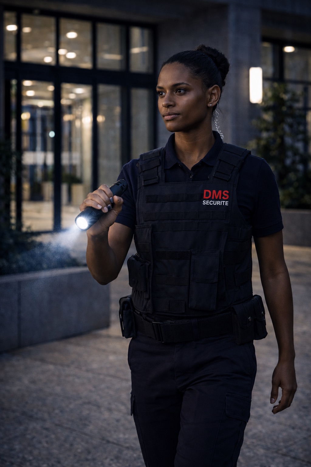A DMS Securite officer in a tactical vest on a night patrol, torch in hand