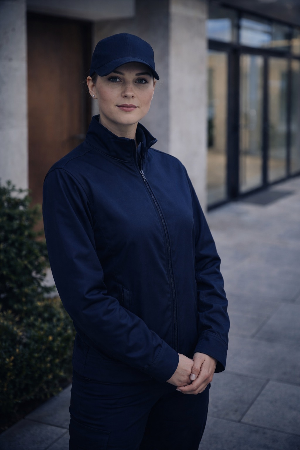 Agente DMS Sécurité en uniforme devant un bâtiment, regard attentif.